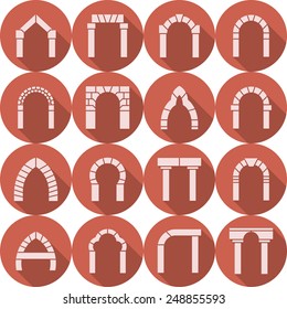 Set of red circle flat vector icons with white brick arch silhouette different types with long shadow on white background.