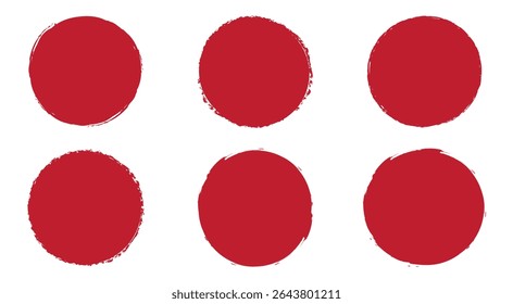 Set of red circle grunge shapes. Brush-paint vector textures. Red circle isolated on white background, vector illustration.