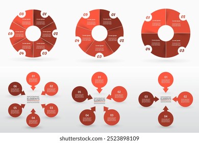 Set of red circle infographic elements with 4, 5 and 6 options, parts or steps.