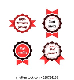 Set of red circle logos with ribbons. Stock vector.