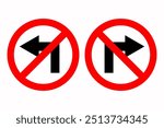 set red circle shape no sharp turn right and left arrow road traffic prohibitory sign direction icon. highway route collection road flat symbol for web mobile isolated white background illustration.