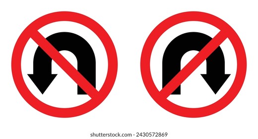 set red circle shape no uturn right left arrow road traffic prohibitory sign direction icon. highway route collection road flat symbol for web mobile isolated white background illustration.