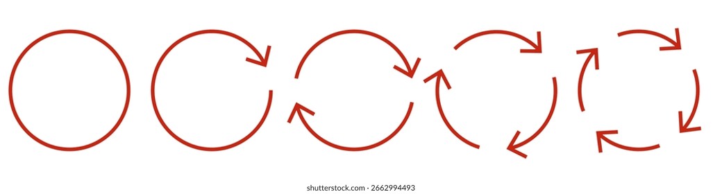 Set of red circular arrow icons. Rotation and cycle symbols for infographic, process diagram, reload, repeat, and synchronization concepts. Simple flat design with rounded arrows.