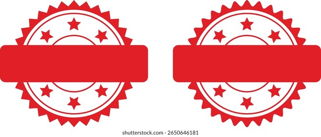 Set of red circular badge labels with star border and blank center for product certification and branding design