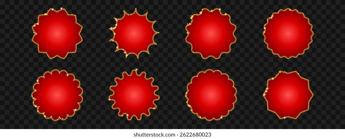 Set of red circular frames with glittery gold edges in various wavy and zigzag shapes. Suitable for labels, stickers, tags, or decorations.