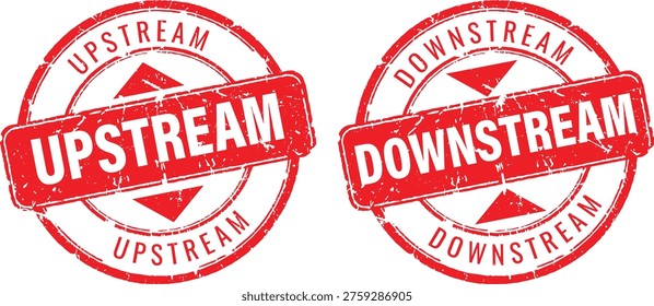 Set of red circular grunge rubber stamps with upstream and downstream text for network data flow