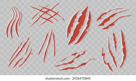 Set Of Red Claw Scratches. Narrow, Elongated Marks Or Tears On A Surface, Caused By The Sharp Nails Or Animals Talons