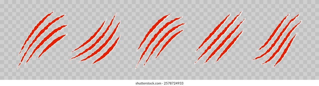 Set of red claws animal scratch vector icons. Cat, tiger, monster scratches paw shapes