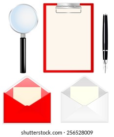 Set: Red clipboard with blank sheets of paper, open  envelope, magnifying glass and fountain writing pen  - vector drawing isolated on white background