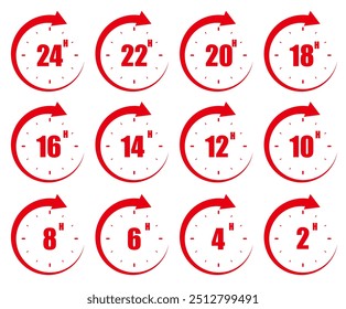 Conjunto de iconos rojos del reloj que muestran 2, 4, 6, 8, 10, 12, 14, 16, 18, 20, 22 y 24 horas. Ilustración vectorial