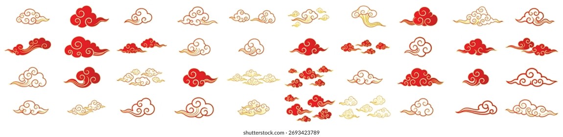 Conjunto de Formas de nubes rojas aisladas sobre fondo blanco