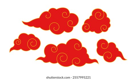 Set of red clouds in Chinese style on white background. Vector illustration