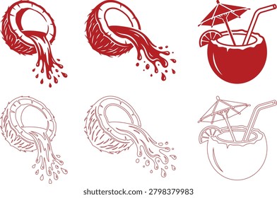 A set of red coconut and tropical drink illustrations, presented as a distinctive silhouette style with flowing liquid details.