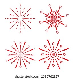 Set of red color fireworks. Vector illustration of fireworks. Suitable for New Year, 4th of July, Diwali, Chinese New Year, Ramadan, Christmas, Halloween, Party, Festival. Banner, Background