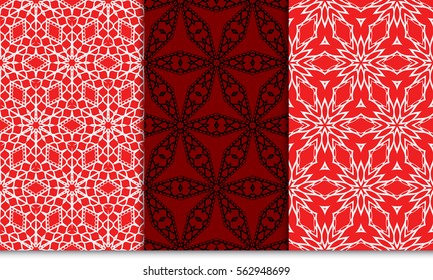 set of red color floral seamless pattern. geometric ornament. vector illustration. for design, wallpaper, invitation, decor