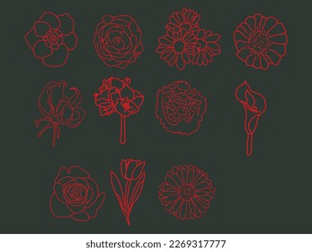 Set of red color flower and plant patches elements. Set of stickers, pins, patches and handwritten notes collection