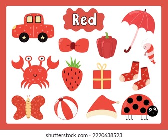 Set of red color objects. Primary colors flashcard with red elements. Learning colors for kids. Vector illustration