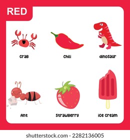 Set of red color objects. Primary colours flashcard with red elements. Learning colors for kids. Vector illustration file. Learning material for toddlers.