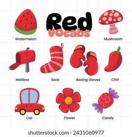 Set of red color objects vocabulary collection, Learning colors for kids. Worksheet for children, preschool. education of children, flashcards with colors, Primary colors flashcard.