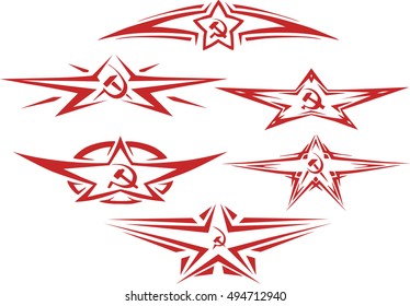 Set of red color soviet decorative typographic vignettes and tattoos with stars