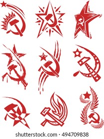 Set of red color soviet symbols with stars and sickle and hammer