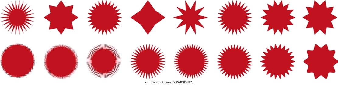 Set of red color stickers for sale, price tag, starbursts, quality mark, sunburst icons, retro stars. Modern Swiss style elements, shapes, stars, flowers, circles