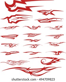 Set of red color tribal tattoo vignettes. Tattoo sketches in forms of moving animal, ornamental pinstripe elements and typographic vignettes
