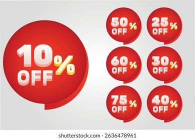 Um conjunto de cor vermelha e texto branco 3d estilo Desconto Adesivo banner cartaz e mídia social projeto promocional post de 10, 20, 30, 40, 50, 60, 70, 80 por cento fora, eps 10 arquivo, totalmente editável. 