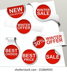 set of red colored paper bookmarks and labels for shop and store with text new collection, winter sale and offer, best choice and price