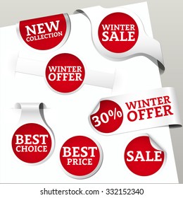 Set of red colored paper bookmarks and labels for shop and store with text new collection, winter sale, offer, best choice and price. Vector illustration.