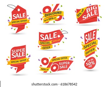 Set of red colored stickers and banners. Big set of beautiful discount and promotion banners. Advertising element. Sale banner tag. Geometric shapes and confetti. Vector illustration.