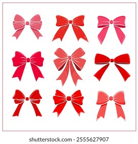 Set of red Colorful bows. Simple hand drawn ribbon bows for Christmas, birthday gifts. Bowknot for decoration, design.
