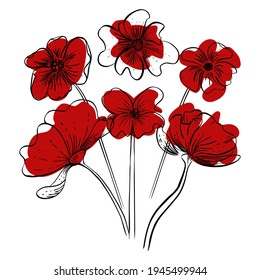 A set of red colors. Bouquet.line art flower. Red poppy postcard. Print for T-shirts, fabrics, posters, stickers, postcards,packaging, label, poster. 