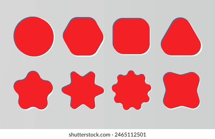 A set of red concave realistic 3D buttons with different shapes. Paper cutting and craft style. Elements for your design. Label, badge with empty space for insertion.