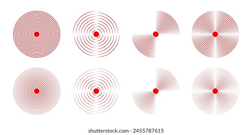 Set of red concentric circles. Pain localization icons. Sore or inflammation symbols. Pulse, shockwave or vibration sign. Soundwave, coverage, radar or sonar signal pictograms. Vector illustration.