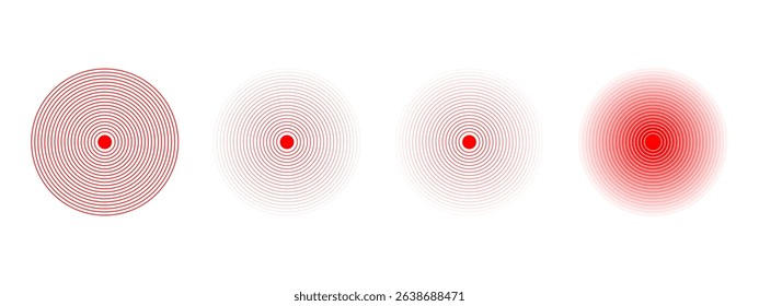 Set of red concentric circles. Pain localization icons. Sore, ache or inflammation symbols. Pulse or vibration signs. Radar or sound wave pictograms isolated on white background. Vector illustration.