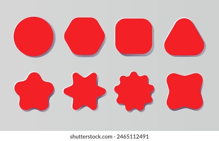 A set of red convex flat realistic 3D buttons with different shapes. Paper cutting and craft style. Elements for your design. Label, badge with Blank space for insertion.