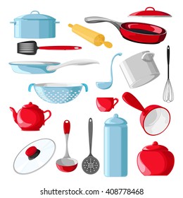 Set of red cookware isolated on white background. Vector illustration. Set of blue cookware isolated on white background. Kitchen utensils. 