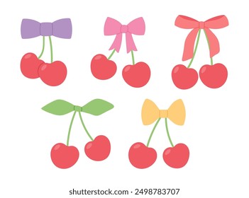 Set of red coquette cherry with colorful ribbon bow. Flat vector illustration