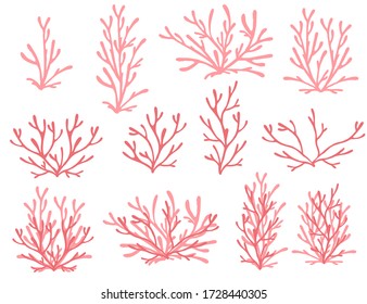 Set of red coral seaweeds silhouettes flat vector illustration isolated on white background