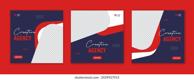Set of red corporate social media post design, unique shape square template layout