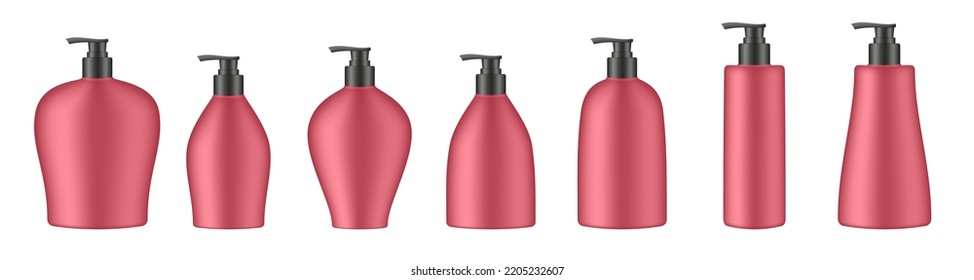 Set aus roten Kosmetikflaschen mit Pumpe. Dispenser. Flüssige Seife oder Duschgel. Professionelles Shampoo