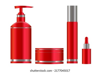 Set of red cosmetic products, mock up Set, red metallic color cosmetic products on white background. Blank red bottles, Squeeze tubes and containers. Vector mockup.