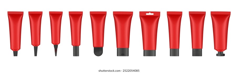 Set of red cosmetic tubes with black caps. Closed blank tubes with caps. Realistic mockup. Long nozzle tube. for ointment or salve. Gel serum. Korean packaging. Lip gloss. Toothpaste. Hand cream