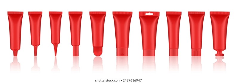 Set of red cosmetic tubes. Closed blank tubes with caps. Realistic mockup. Long nozzle tube. for ointment or salve. Gel serum. Korean packaging. Lip gloss. Toothpaste. Hand cream