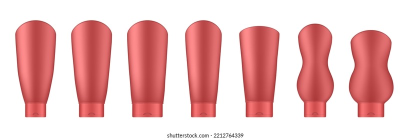 Set of red cosmetic tubes. Realistic mockup. Korean packaging. Lotion or shower gel. Conditioner or hair mask
