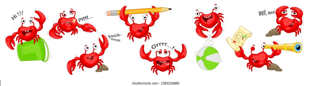 Set of red crabs in different poses and emotions. Illustration set of crab on white background.