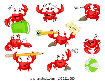   Set of red crabs in different poses and emotions. Illustration of crabs on white background. svg