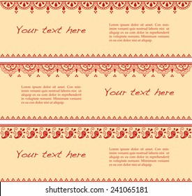 Set of red and cream traditional Indian henna pattern horizontal banners with space for text
