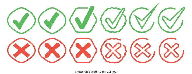 Set of red cross and green checkmark. Wrong and right. Collection trendy symbol. Icons. Hand drawn. Doodle. Textbox and checkbox. Frame vote. Button. No, yes. Mark flat line. False, reject, сorrect